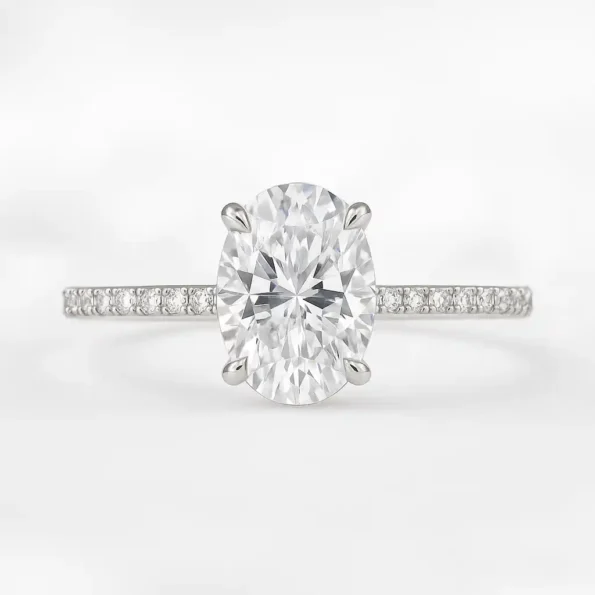 Oval cut lab grown diamond engagement ring with pavé band in white gold - front view