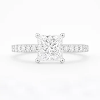 Front view of princess cut lab-grown diamond engagement ring in white gold with pavé diamond band