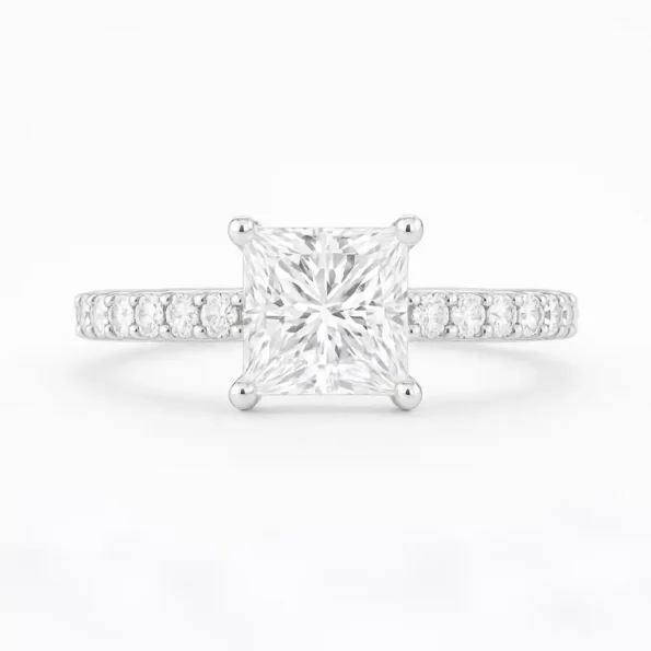 Front view of princess cut lab-grown diamond engagement ring in white gold with pavé diamond band