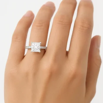 Princess cut lab diamond ring worn on finger, featuring pavé setting on band in white gold