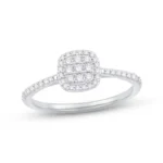 Square cushion double halo diamond ring with round diamonds on a sleek white gold band