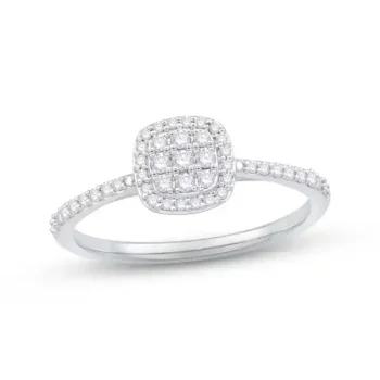 Square cushion double halo diamond ring with round diamonds on a sleek white gold band
