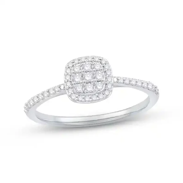 Square cushion double halo diamond ring with round diamonds on a sleek white gold band