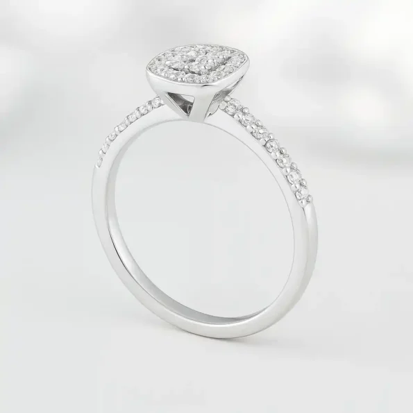 Side angle of square halo diamond ring with pave-set band in white gold setting