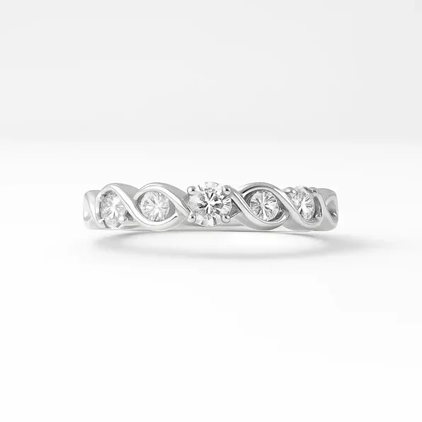 Round cut diamond twist band ring in white gold - front view