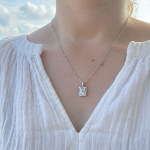 1.25ct Emerald Cut Lab Grown Diamond Halo Pendant Necklace in 10K White Gold – CVD Certified Jewelry for Women IGI Certified photo review