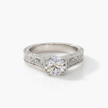 2.00 ctw Round Lab Grown Diamond Hand Engraved Engagement Ring 10K White Gold IGI Certified