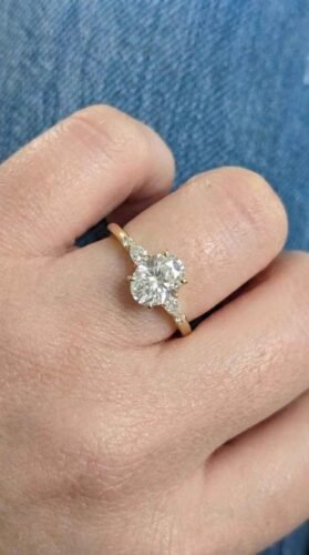 Oval Cut Lab Grown Diamond Engagement Ring 1.42 ct | Side Diamond Band | 925 Silver Ring Yellow or White Tone | CVD HPHT photo review