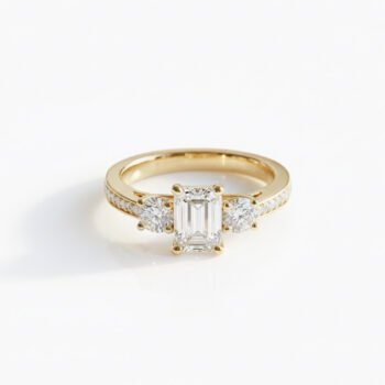 2.60 ctw Emerald & Round Lab Grown Diamond Three-Stone Ring, 18K Silver EF VS1 CVD