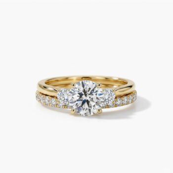 2.61 CTW Three Stone Round Lab Grown Diamond Bridal Set - 14K Yellow Gold Engagement Ring & Pavé Wedding Band (EF/VS1)