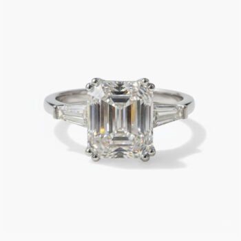 2.56ct Emerald Cut Lab Grown Diamond Engagement Ring, 14k White Gold Three Stone Ring with Tapered Baguettes, E-F/VS1