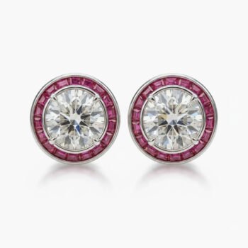 Round Moissanite Halo Stud Earrings 2.01 CTW Ruby Baguette Halo Sterling Silver Vintage Art Deco Earrings Gift for Her
