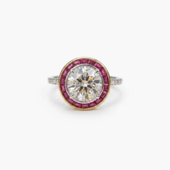 3.10Ct Round Moissanite Ring | Ruby Halo Baguette Accent | Split Shank Statement Ring | 925 Silver | Anniversary Gift for Her