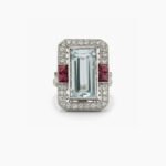 Emerald Cut Aqua Ring 5.80ct Lab Created Aquamarine Halo Ring, Art Deco Statement Ring, Ruby Accent Silver Ring