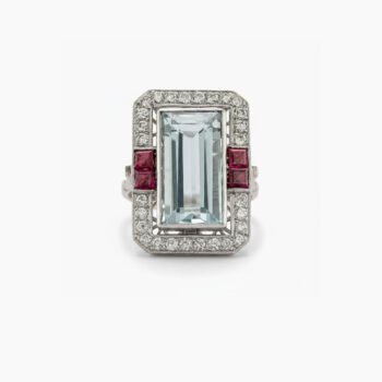 Emerald Cut Aqua Ring 5.80ct Lab Created Aquamarine Halo Ring, Art Deco Statement Ring, Ruby Accent Silver Ring