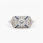 Art Deco Round Moissanite Ring with Blue Accents, Wide Band Vintage Ring, Geometric Moissanite Engagement Ring, 925 Silver Ring