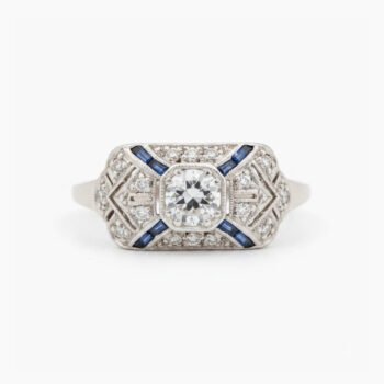 Art Deco Round Moissanite Ring with Blue Accents, Wide Band Vintage Ring, Geometric Moissanite Engagement Ring, 925 Silver Ring