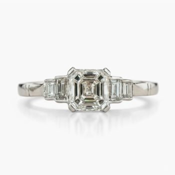 Asscher Cut Moissanite Ring 1.55 Ct | Three Stone Baguette Moissanite Engagement Ring | 925 Silver Step Cut Bridal Ring