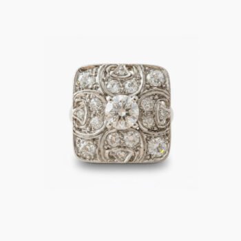 Men’s Art Deco Moissanite Ring | 0.58 Ct Round Cut Halo Ring | Vintage Square Filigree Silver Statement Ring