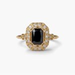 1.67ct Emerald Cut Black Moissanite Engagement Ring, Art Deco Octagonal Halo Ring in Yellow Silver, Milgrain Geometric Black Emerald