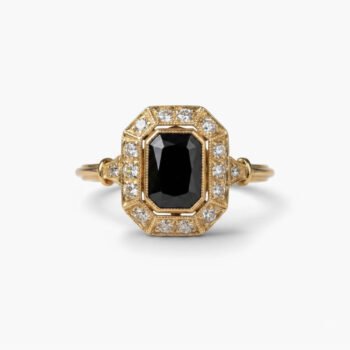 1.67ct Emerald Cut Black Moissanite Engagement Ring, Art Deco Octagonal Halo Ring in Yellow Silver, Milgrain Geometric Black Emerald