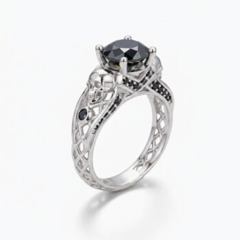 Black Moissanite Skull Engagement Ring 2.01ct Round Cut Gothic Split Shank Silver Ring