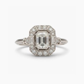 2.41 CT Emerald Cut Moissanite Halo Ring, Vintage Art Deco Engagement Ring, Emerald Cut Moissanite Ring