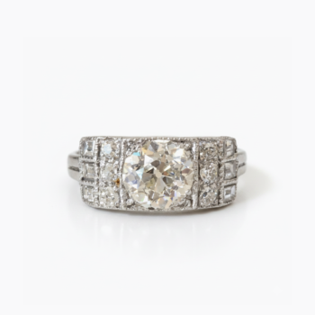 2.03CT Round Moissanite Art Deco Ring, Wide Band Halo Engagement Ring, Baguette & Round Side Stones, Vintage Silver Statement Ring