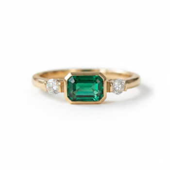 1.23 Ct Emerald Cut Green Ring, Bezel Set Emerald Engagement Ring, Three Stone Moissanite Side Ring, Minimalist Silver Ring