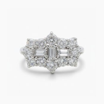 2.02CT Moissanite Cluster Ring Baguette & Round Cut Halo Ring Art Deco Statement Engagement Ring Vintage Silver Ring