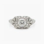 2.03CT Round Moissanite Art Deco Ring, Wide Band Halo Engagement Ring, Baguette & Round Side Stones, Vintage Silver Statement Ring