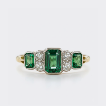 Green Emerald Cut Ring 1.98CT Art Deco Three Stone Ring Emerald & Round Moissanite Vintage Engagement Ring Silver