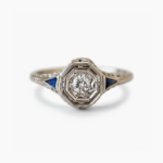 Art Deco Moissanite Ring, Hexagon Halo Engagement Ring, Blue Sapphire Side Stones, Vintage Milgrain Ring, 925 Silver Promise Ring