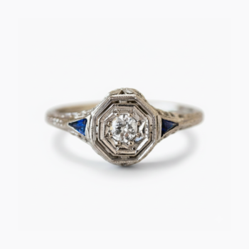 Art Deco Moissanite Ring, Hexagon Halo Engagement Ring, Blue Sapphire Side Stones, Vintage Milgrain Ring, 925 Silver Promise Ring