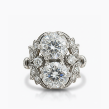 Double Stone Moissanite Ring, Vintage Cluster Engagement Ring, Two Stone Floral Halo Ring, Statement Art Deco Ring, 925 Silver