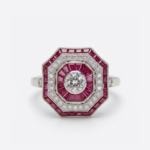 Art Deco Moissanite Ring, Ruby Red Halo Ring, Octagon Cluster Engagement Ring, Double Halo Vintage Ring, Statement Ring 925 Silver