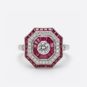 Art Deco Moissanite Ring, Ruby Red Halo Ring, Octagon Cluster Engagement Ring, Double Halo Vintage Ring, Statement Ring 925 Silver