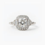 Old Mine Cushion Moissanite Ring, Double Halo Engagement Ring, Baguette Side Stone Ring, Vintage Art Deco Ring, 925 Silver