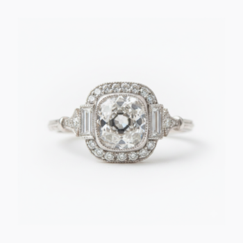 Old Mine Cushion Moissanite Ring, Double Halo Engagement Ring, Baguette Side Stone Ring, Vintage Art Deco Ring, 925 Silver