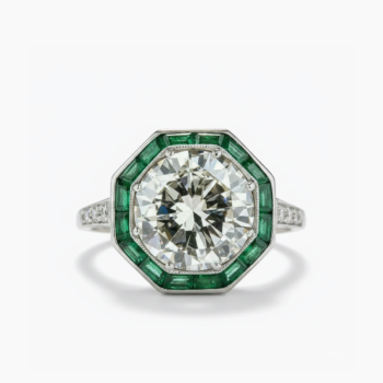 3.11CT Round Moissanite Ring Emerald Halo Art Deco Engagement Ring Octagon Halo Baguette Cluster Silver Statement Ring