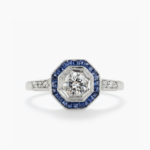 1.53CT Round Moissanite Ring Blue Sapphire Halo Art Deco Engagement Ring Octagon Halo Vintage Milgrain Silver Ring