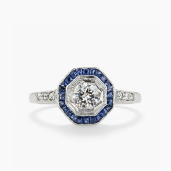 1.53CT Round Moissanite Ring Blue Sapphire Halo Art Deco Engagement Ring Octagon Halo Vintage Milgrain Silver Ring