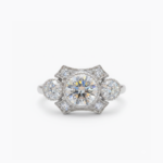 1.68CT Round Moissanite Ring Three Stone Halo Vintage Art Deco Engagement Ring Cluster Milgrain Silver Bridal Ring