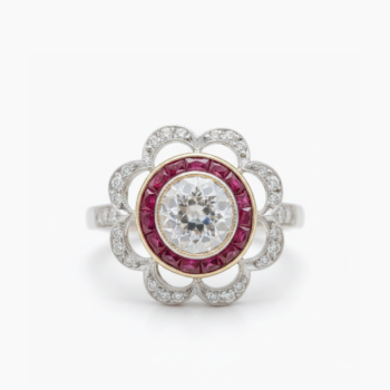 2.01 CT Old Mine Moissanite Ring, Ruby Halo Art Deco Engagement Ring, Floral Cluster Ring, Vintage Style Sterling Silver Ring