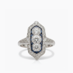 Art Deco Moissanite Ring 3.11 CT Three Stone Ring Blue Sapphire Halo Vintage Engagement Ring 925 Sterling Silver