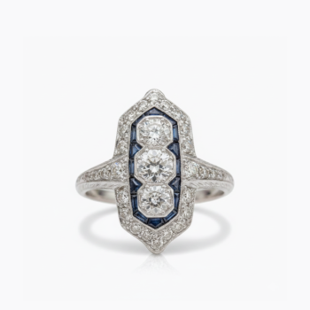 Art Deco Moissanite Ring 3.11 CT Three Stone Ring Blue Sapphire Halo Vintage Engagement Ring 925 Sterling Silver