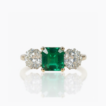 Emerald Green Asscher Cut Ring Three Stone Ring Moissanite Side Stone Engagement Ring 925 Sterling Silver Gold Tone