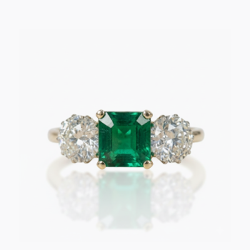 Emerald Green Asscher Cut Ring Three Stone Ring Moissanite Side Stone Engagement Ring 925 Sterling Silver Gold Tone
