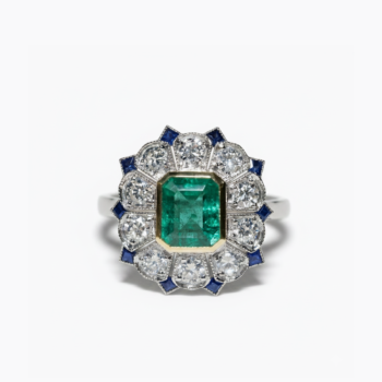 Art Deco Emerald Ring Green Emerald Cut Halo Ring Blue Sapphire Flower Ring Statement Ring 925 Sterling Silver