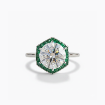 Art Deco Moissanite Ring 3.10 CT Round Cut Emerald Halo Ring Green Baguette Ring 925 Sterling Silver